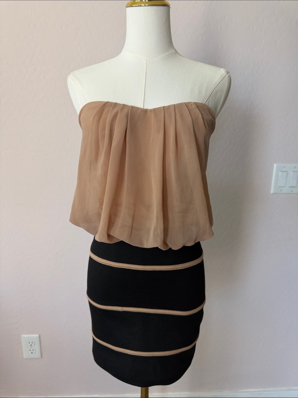 Foreign Exchange Strapless Two-Tone Pencil Skirt Dress in Tan and Black